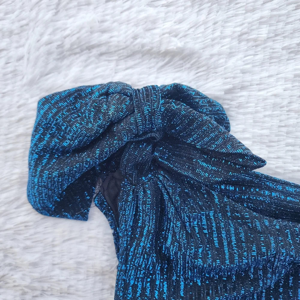 Stash‎ Vintage 1980s Metallic Blue One Shoulder Ruffle Prom Dress - Picture 5 of 10